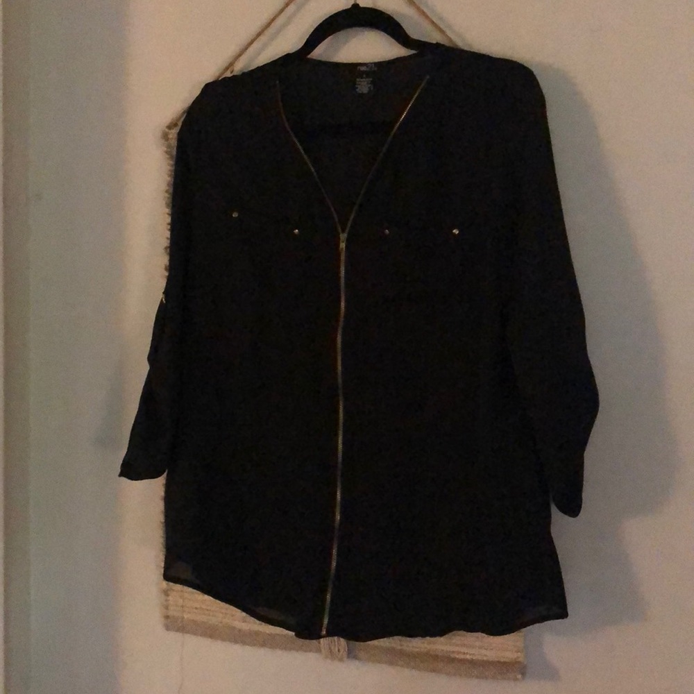 Rue21 black zip up blouse with gold detail L